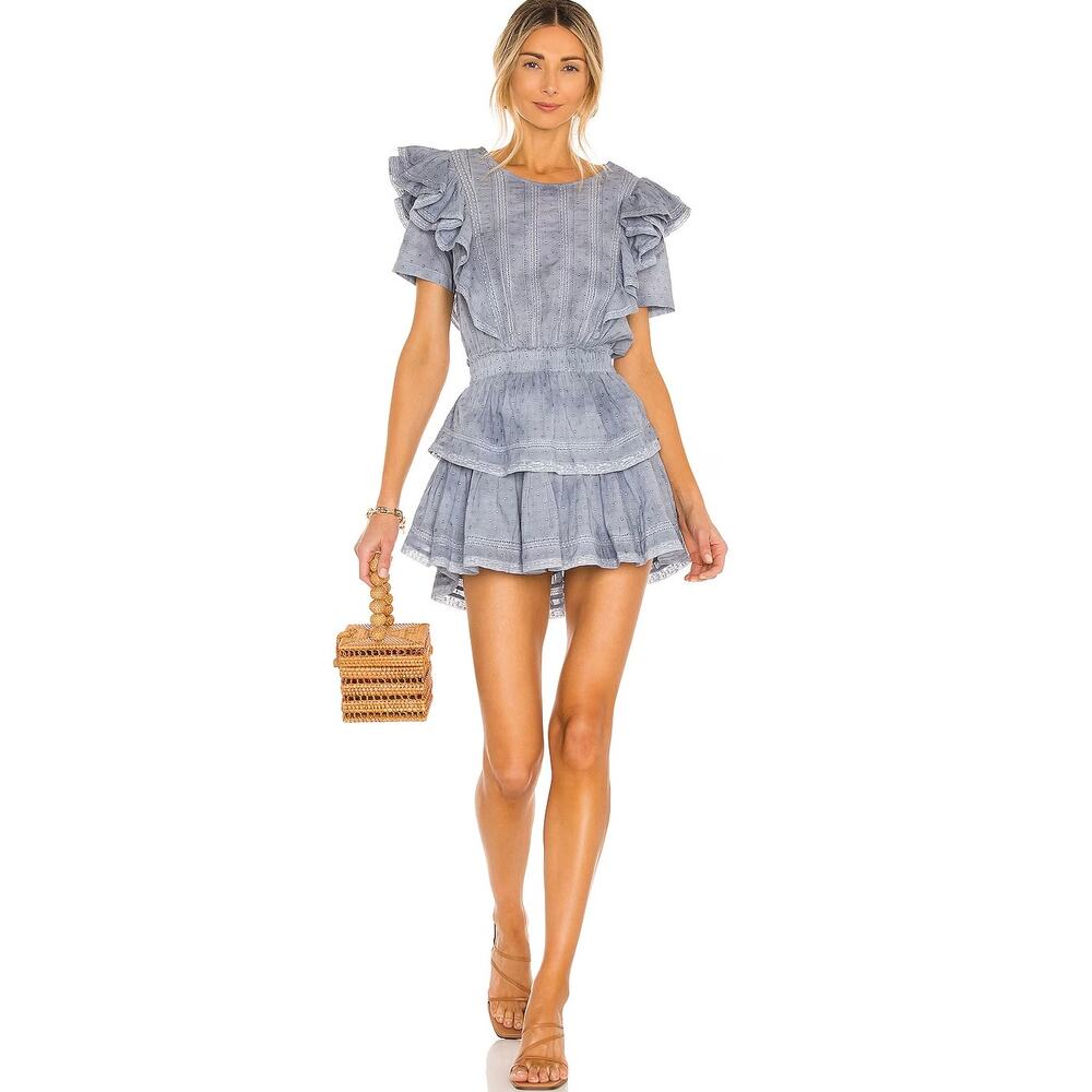 LoveShackFancy Natasha Mini Dress Washed Denim Blue Ruffle Sz Large - Picture 9 of 15